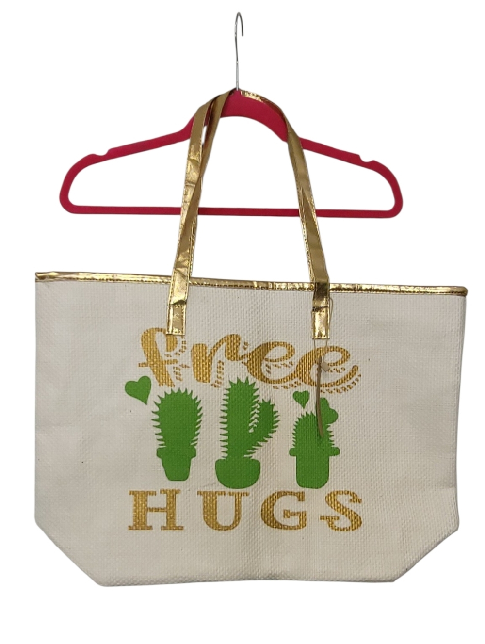 Free Hugs Cactus Print Tote Bag - White & Green with Gold Trim